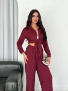 Yakalı Düğmeli Uzun Kollu Gömlek Pantolon Ikili Takım - Bordo resmi